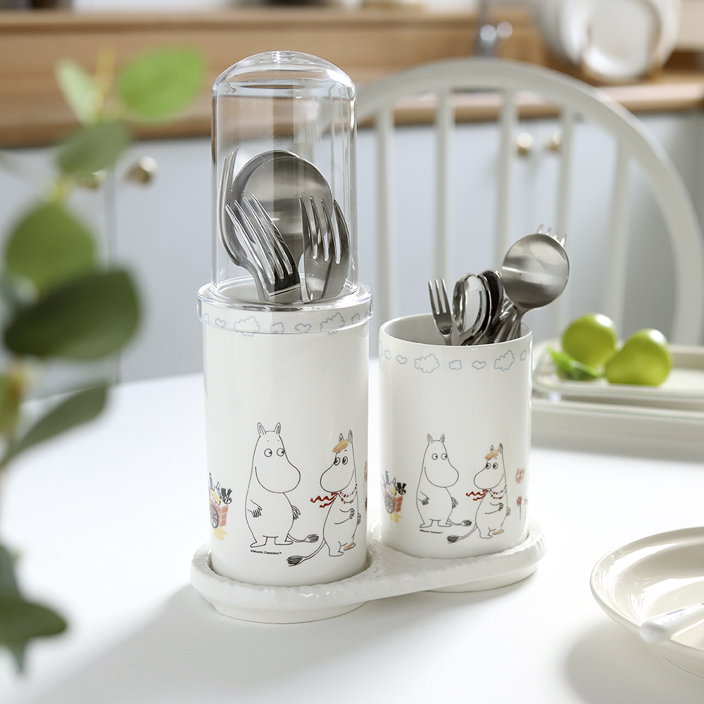 무민 캐릭터 2단 도자기 물빠짐 수저통 세트 원형 수저 꽂이