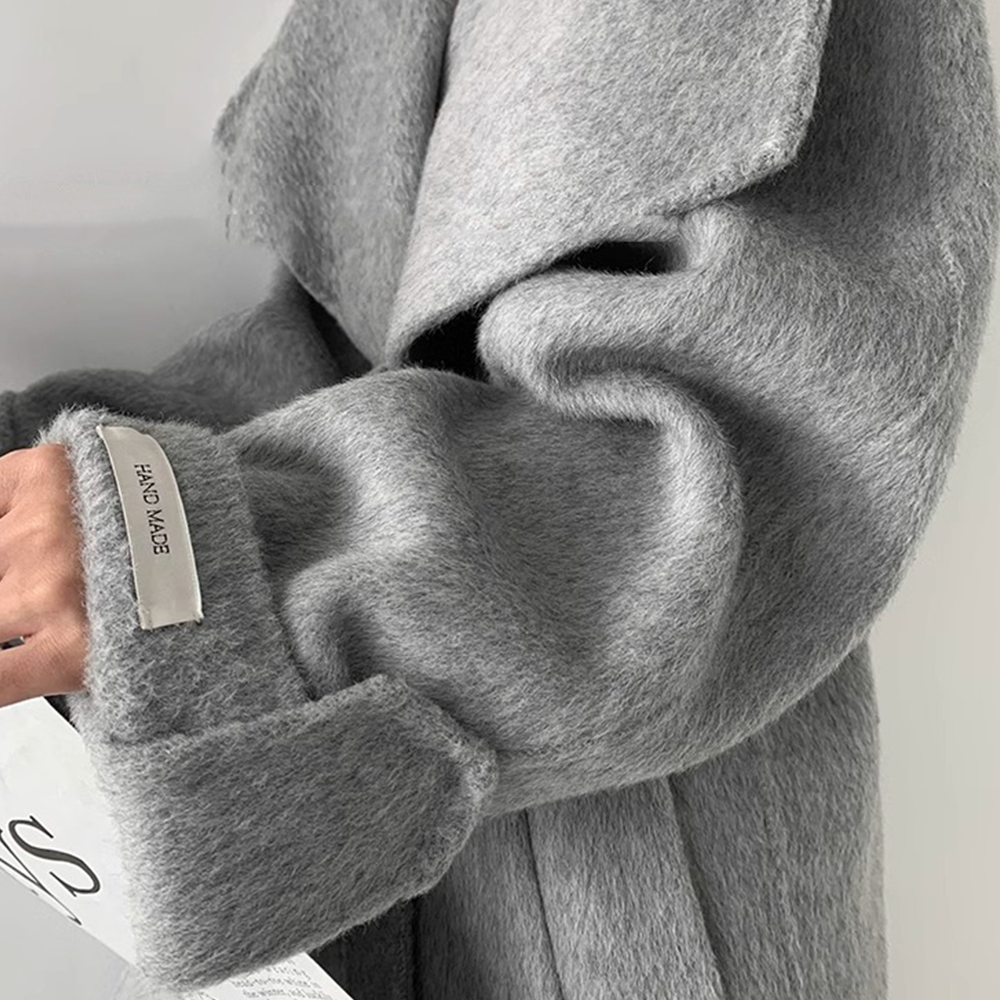 울100 핸드메이드코트 오버핏 여성 겨울 롱 벨티드 그레이 지블링 양모코트