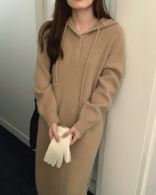 빅토리 후드 골지 H라인 일자 하객룩 데일리룩 니트 롱 원피스