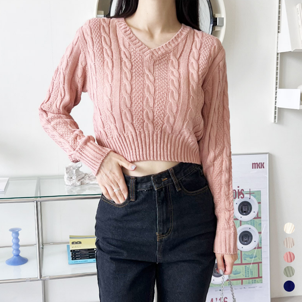 핑크색니트 브이넥 V넥 꽈배기 케이블 봄 가을 크롭 니트