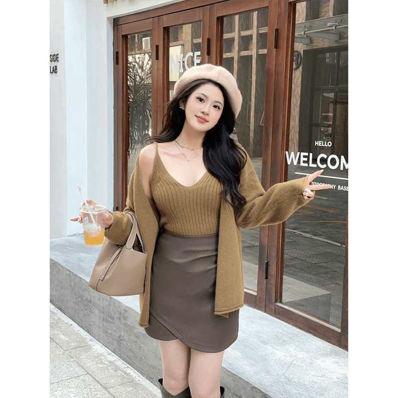 빅사이즈 오버핏 스판 나시 가디건 투피스세트 하객룩세트 (가죽스커트 무료선물) - 상세 이미지 4