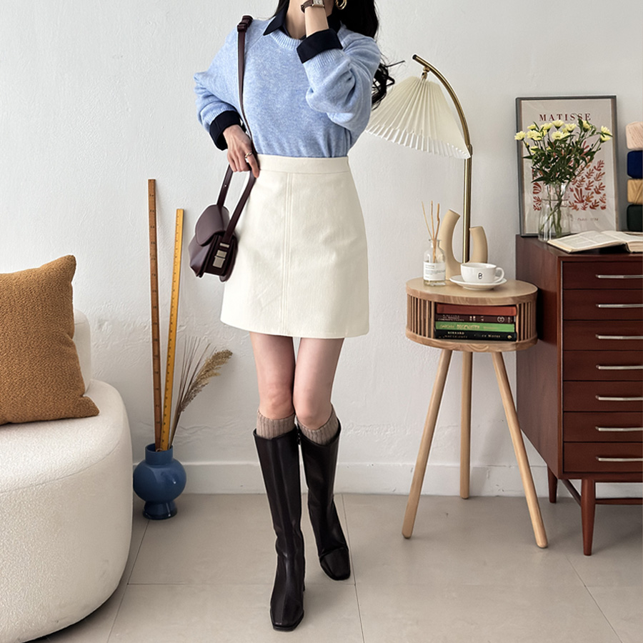 앤유  윈터 소프트 피치 스판 A라인 미니 스커트 (IVORY) - 상세 이미지 4