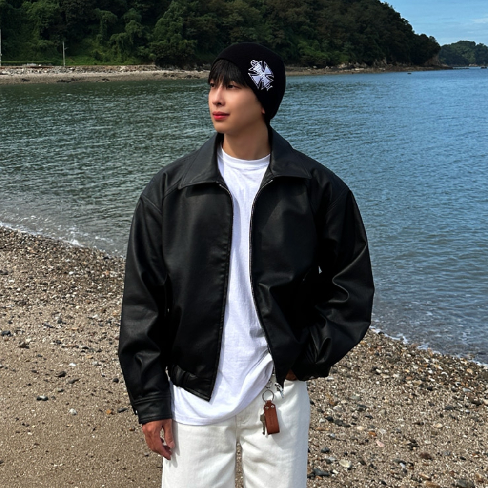남자 가아 오버핏 봄 가을 카라 레더 미니멀 블루종 자켓