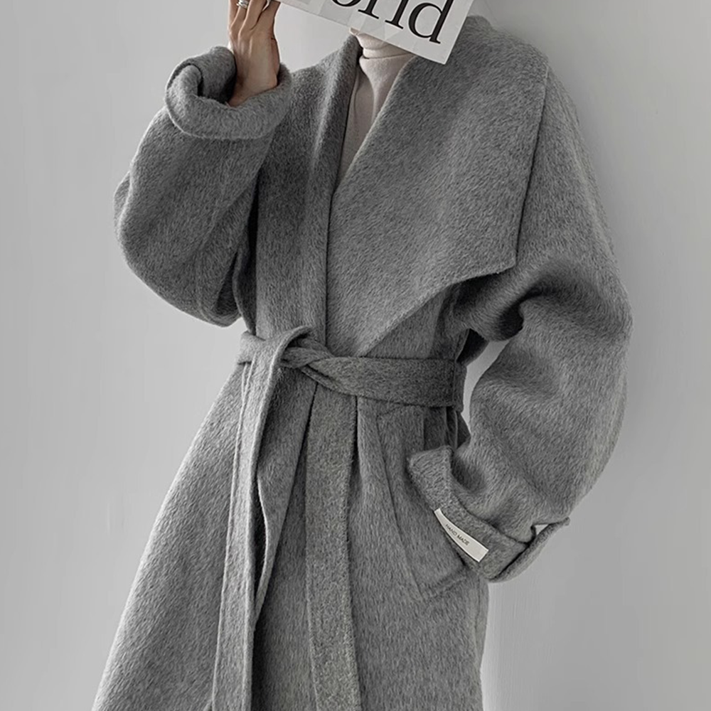 울100 핸드메이드코트 오버핏 여성 겨울 롱 벨티드 그레이 지블링 양모코트