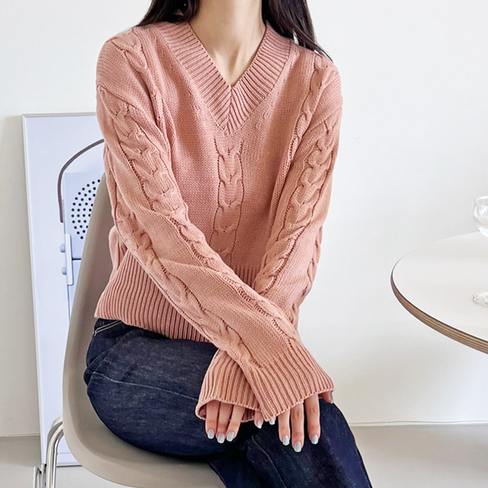 핑크색니트 꽈배기 케이블 크롭 브이넥 V넥 레이어드 니트 - 상세 이미지 2