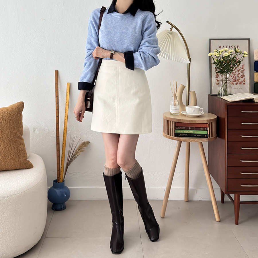 앤유  윈터 소프트 피치 스판 A라인 미니 스커트 (IVORY) - 상세 이미지 5