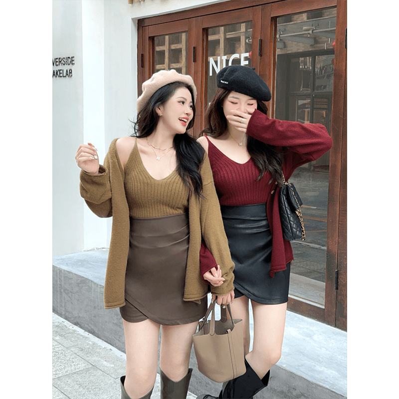 빅사이즈 오버핏 스판 나시 가디건 투피스세트 하객룩세트 (가죽스커트 무료선물) - 상세 이미지 5