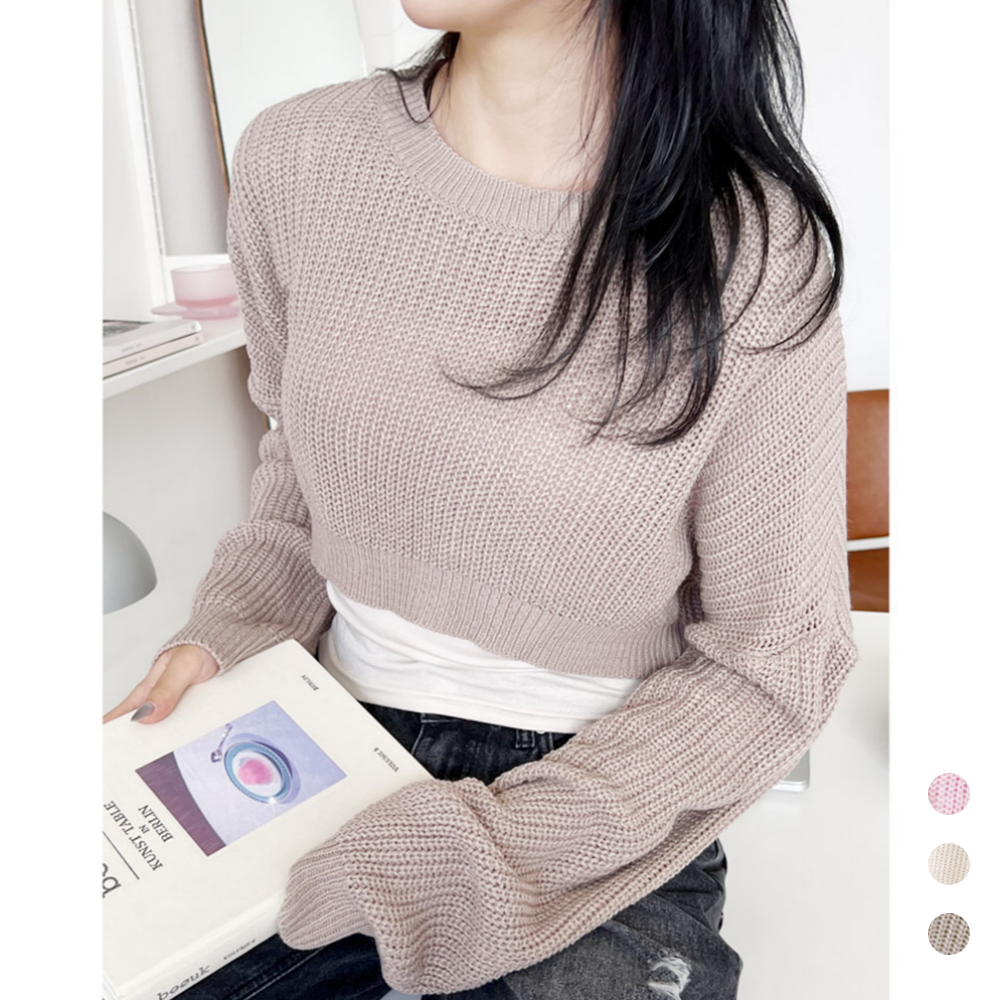 베이지색니트 벌룬소매 배꼽티 긴팔 크롭 레이어드 루즈핏니트 - 메인 이미지