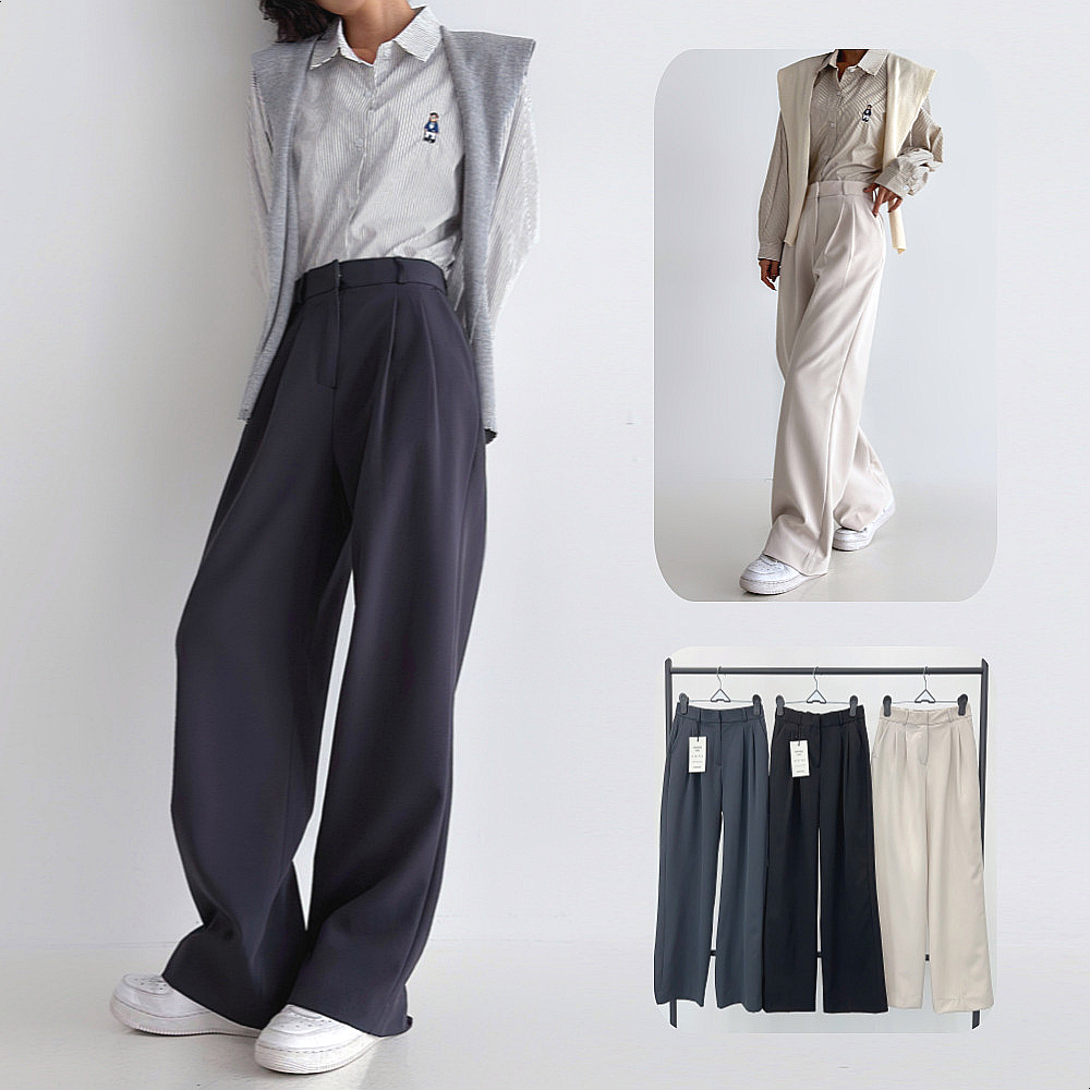 엘든 하이웨스트 밴딩 와이드슬랙스 핀턱 정장바지 봄 와이드팬츠 여자슬랙스 빅사이즈 여름