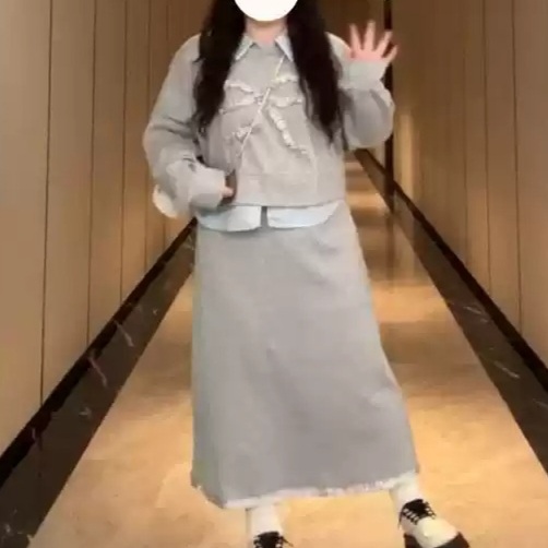 맨투맨 스커트 세트 라운드넥 그레이 가짜투피스 빅사이즈 4XL까지 가을 캐주얼 편한 복장 - 상세 이미지 5