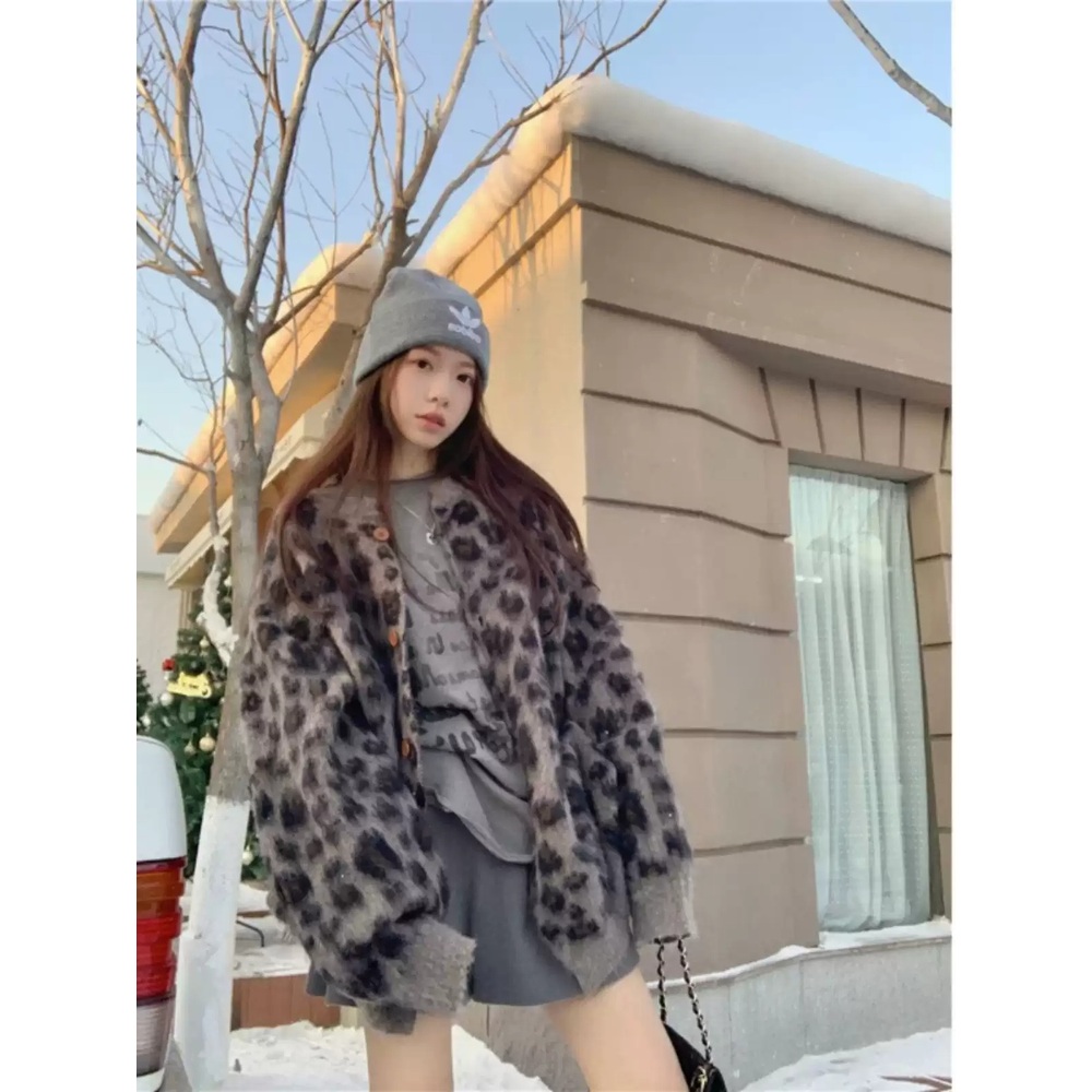 라운드넥 레오파드 가디건 빅사이즈 오버핏 남녀공용 4XL까지 연예인 스트릿 공항 패션 코디 - 상세 이미지 2