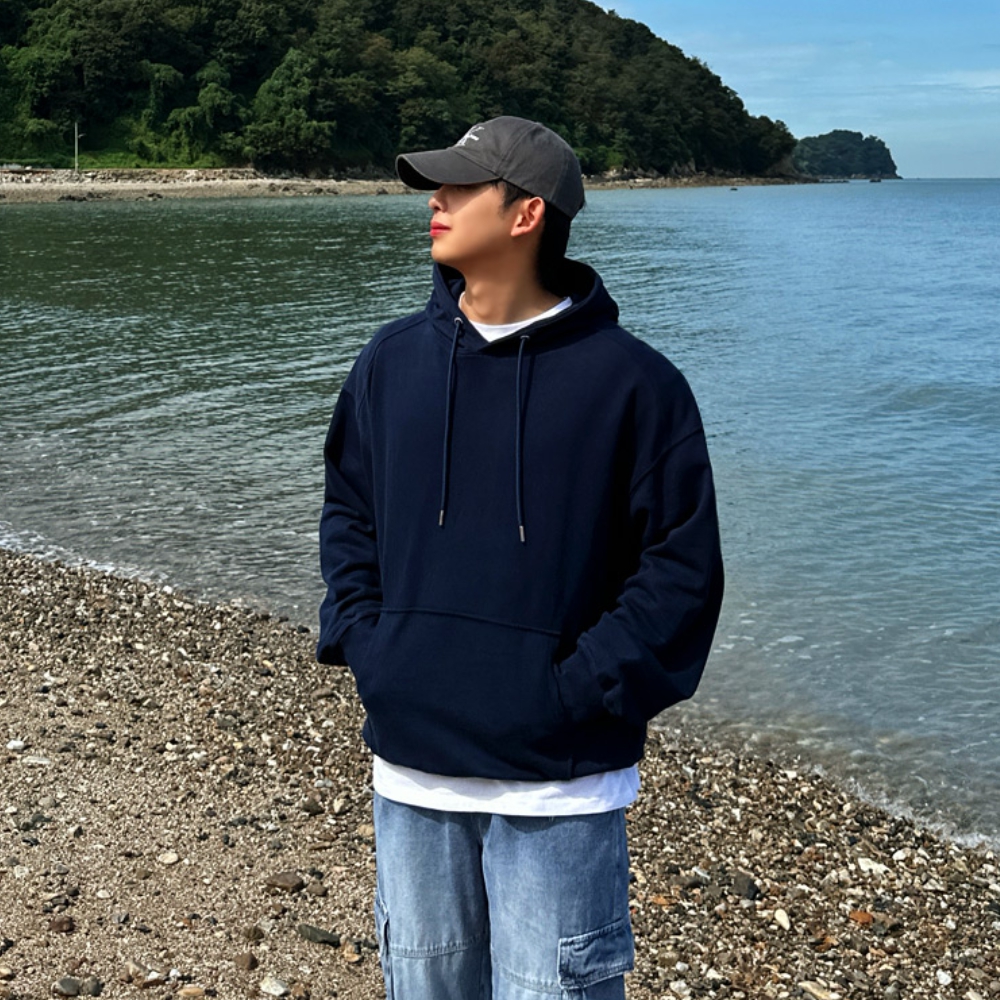 남자 르아 오버핏 봄 가을 텐타덤블 무지 후드티 - 상세 이미지 4