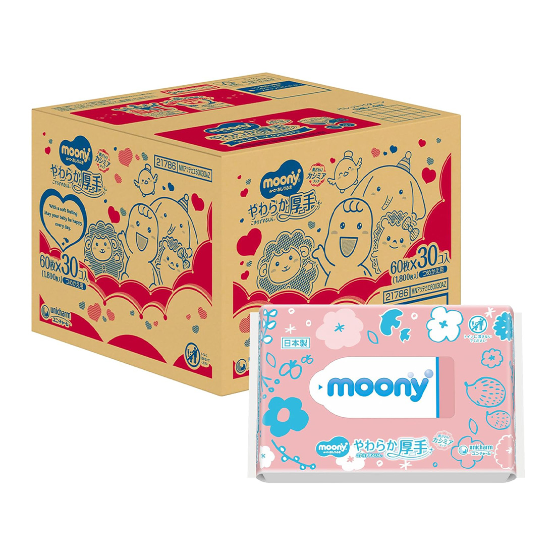 무니 물티슈 부드롭고 두꺼운 소재 순수 99% 리필 60매입 30개세트 일본직구 moony
