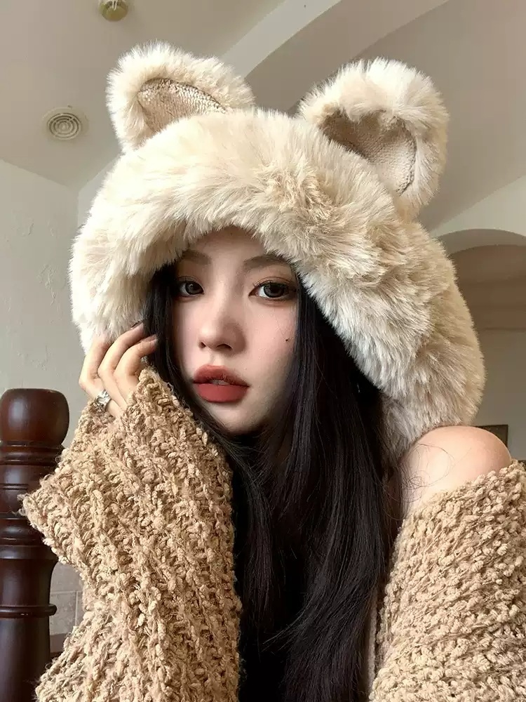 고양이귀비니 귀여운 니트 모자 고양이비니 겨울 보온 여자 고양이 귀달린 - 상세 이미지 4