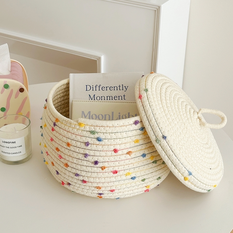 웜아이보리 뚜껑있는 코튼 패브릭 수납바구니 면로프 오브제 바스켓