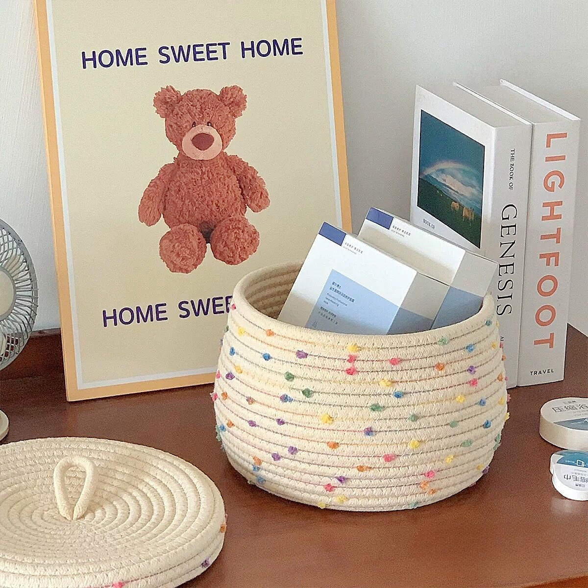웜아이보리 뚜껑있는 코튼 패브릭 수납바구니 면로프 오브제 바스켓