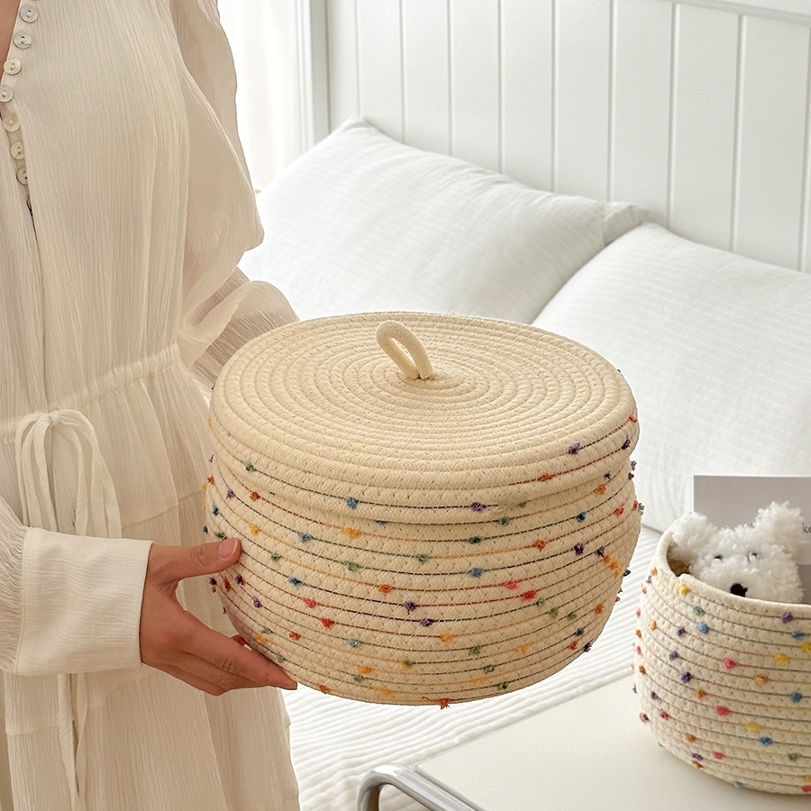 웜아이보리 뚜껑있는 코튼 패브릭 수납바구니 면로프 오브제 바스켓