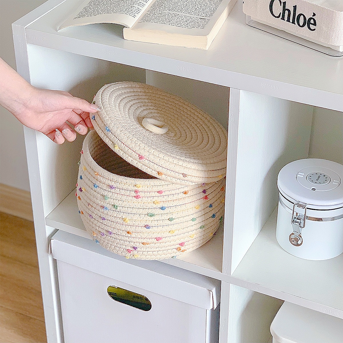 웜아이보리 뚜껑있는 코튼 패브릭 수납바구니 면로프 오브제 바스켓