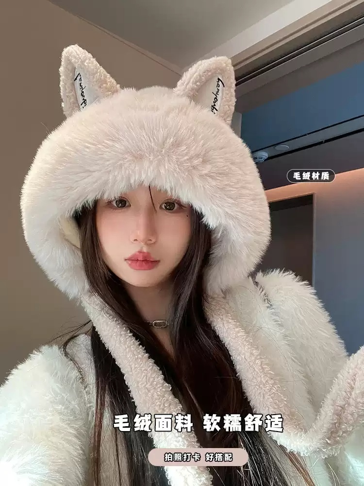 고양이귀비니 귀여운 귀달린 털모자 여자 따뜻한 고양이 겨울 고양이비니 보온 - 상세 이미지 3