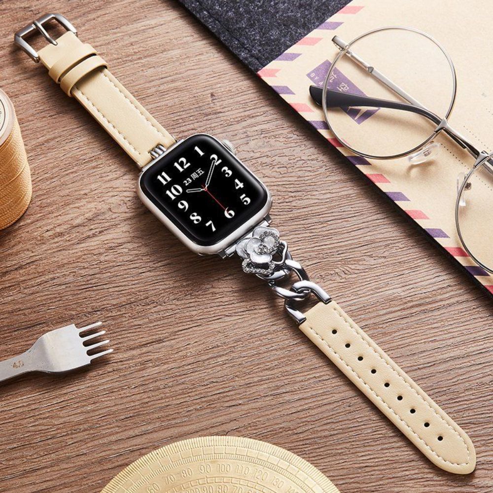 애플워치 10세대 가죽 스트랩 장미 큐빅 메탈 커넥터 밴드 분홍색 Apple iwatch 41mm 7/8/9세대 - 상세 이미지 4