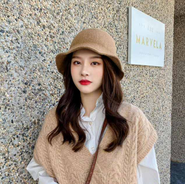 울 버킷햇 가을 겨울 여성 보온 레트로 심플 베이지 패션 데일리 고급 - 상품 이미지