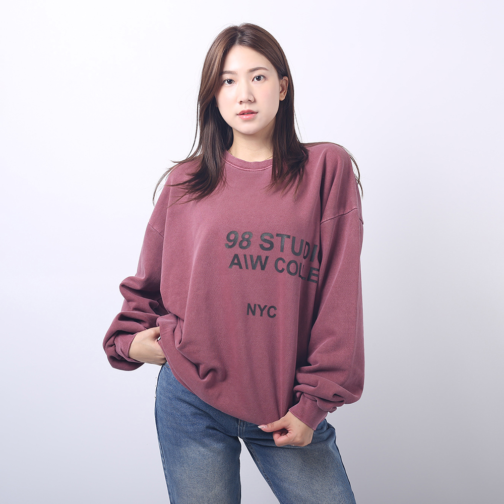 [국내제작] 2Color 여성 루즈핏 오버사이즈 피그먼트 워싱 맨투맨 버건디 챠콜 그레이 - 상품 이미지