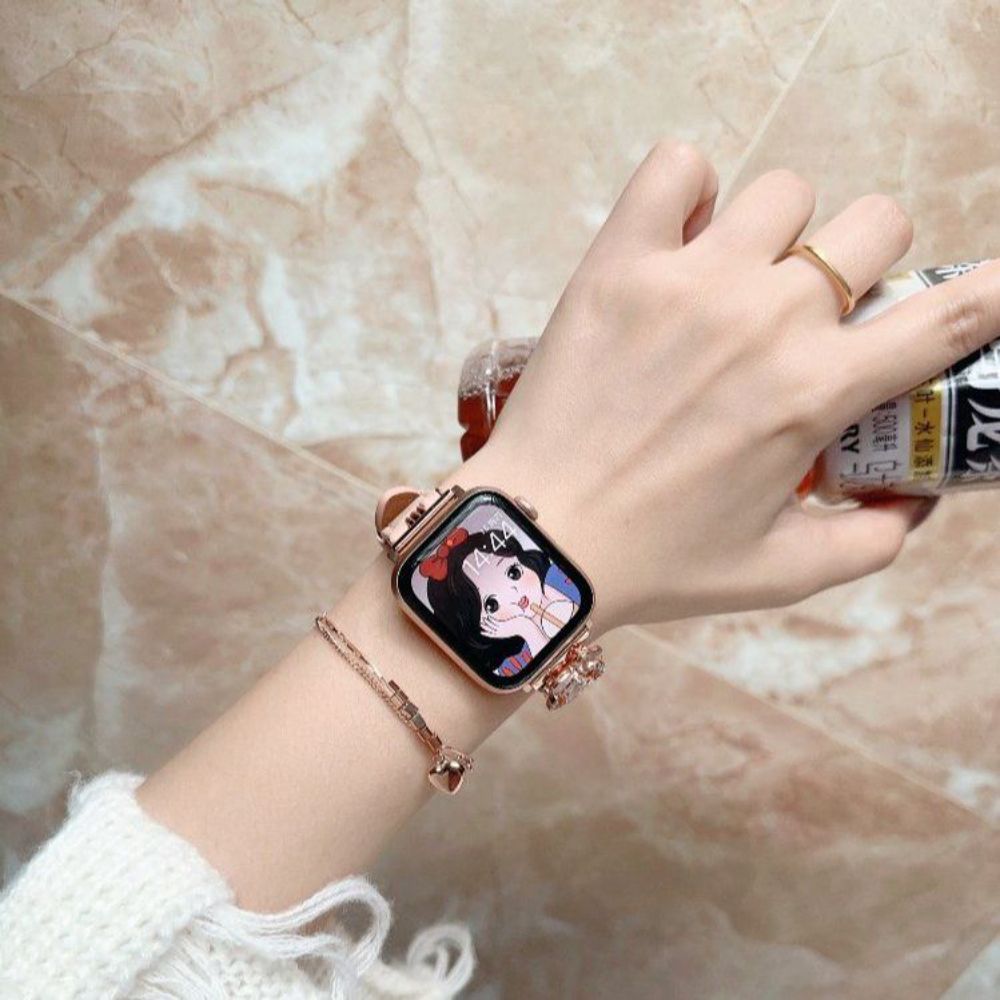 애플워치 10세대 가죽 스트랩 장미 큐빅 메탈 커넥터 밴드 분홍색 Apple iwatch 41mm 7/8/9세대 - 상세 이미지 5