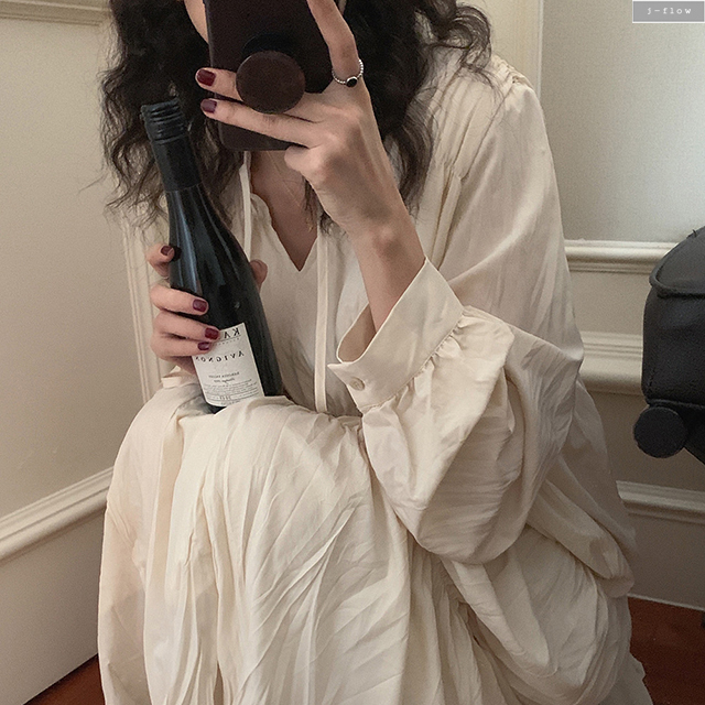 터블 실키 오버핏 밴딩 맥시 롱원피스 2color 가을 봄 루즈핏 브이넥 셔링 제이플로우 이미지 3