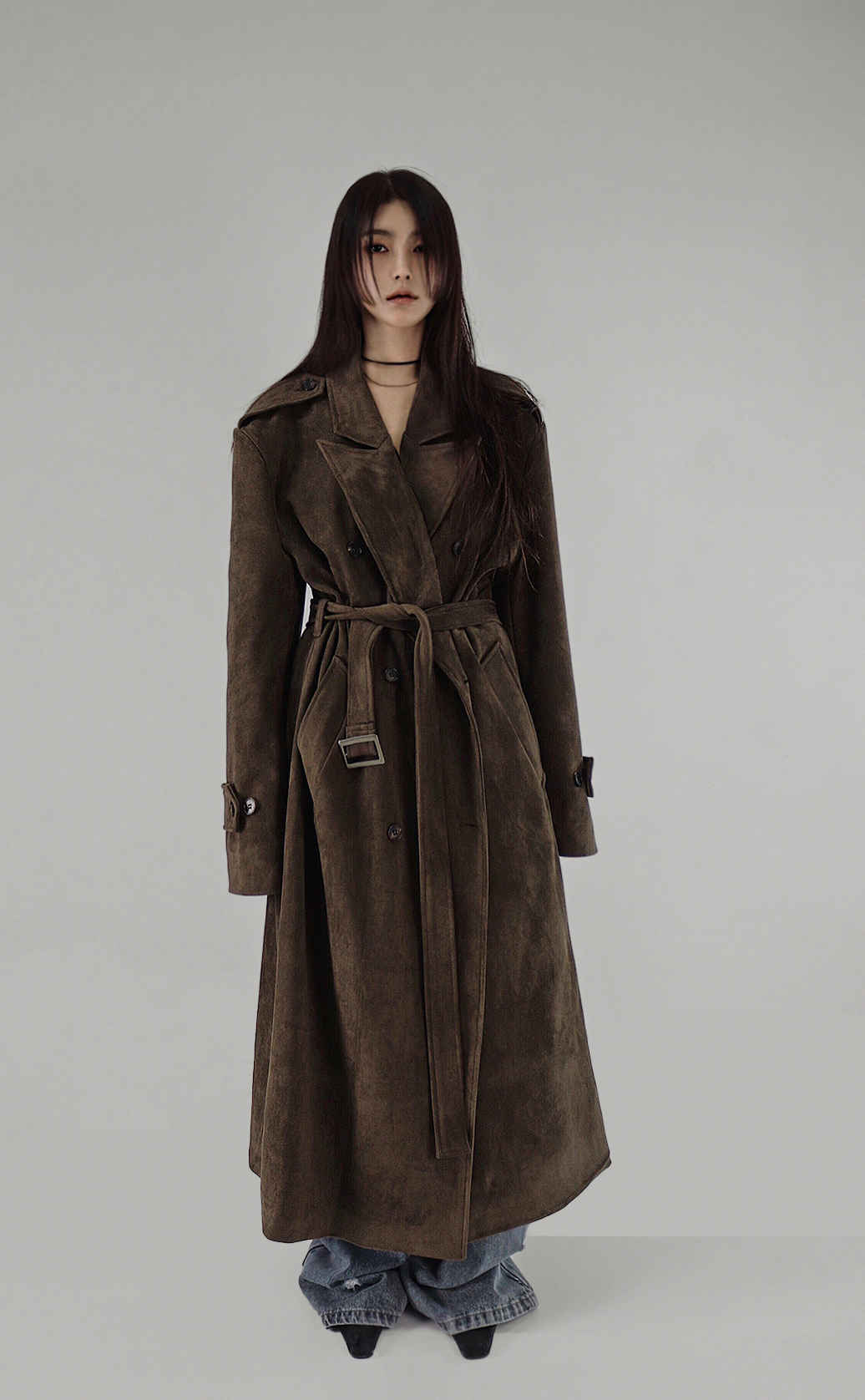 SUEDE DOUBLE TRENCH BELT LONG COAT 스웨이드 더블 트렌치 벨트 롱코트 (2COLORS) 상세 이미지 3