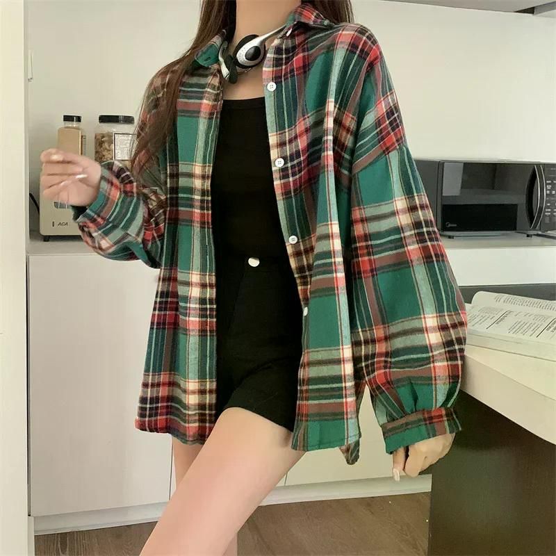 가을 여친룩 여성용 격자 무늬 셔츠 긴 소매 상의 빈티지 패션 싱글 브레스트 블라우스 프레피 스타일 루즈 체크 Color 8 S - 상세 이미지 5