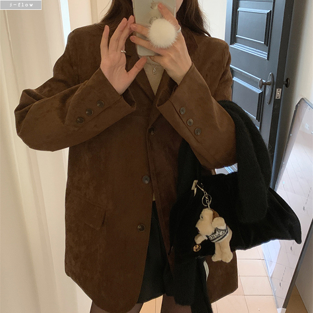 쿠나 스웨이드 오버핏 카라넥 하프 자켓 2col 가을 봄 롱 박시 루즈핏 제이플로우 - 상품 이미지