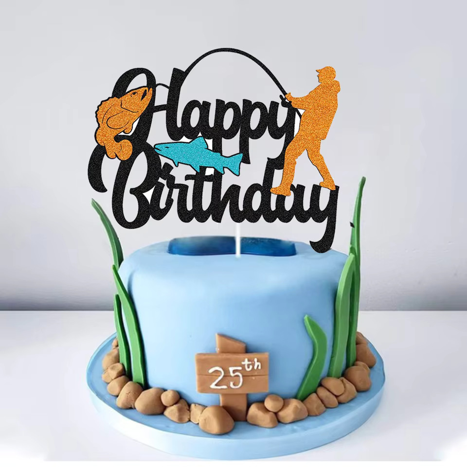 생일파티 용품 소품 풍선 리본 사라진 낚시 파티 생일 케이크 토퍼 반짝이는 작은 어부 물고기 테마 장식 호의 : 마마컴