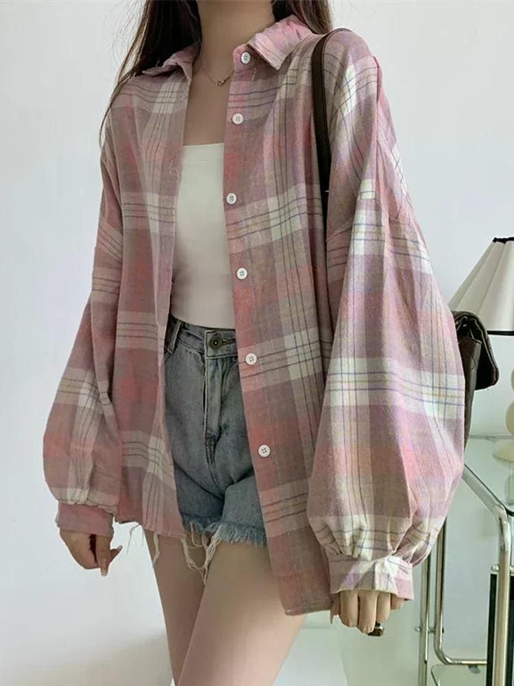 가을 여친룩 여성용 격자 무늬 셔츠 긴 소매 상의 빈티지 패션 싱글 브레스트 블라우스 프레피 스타일 루즈 체크 Color 8 S - 상세 이미지 4