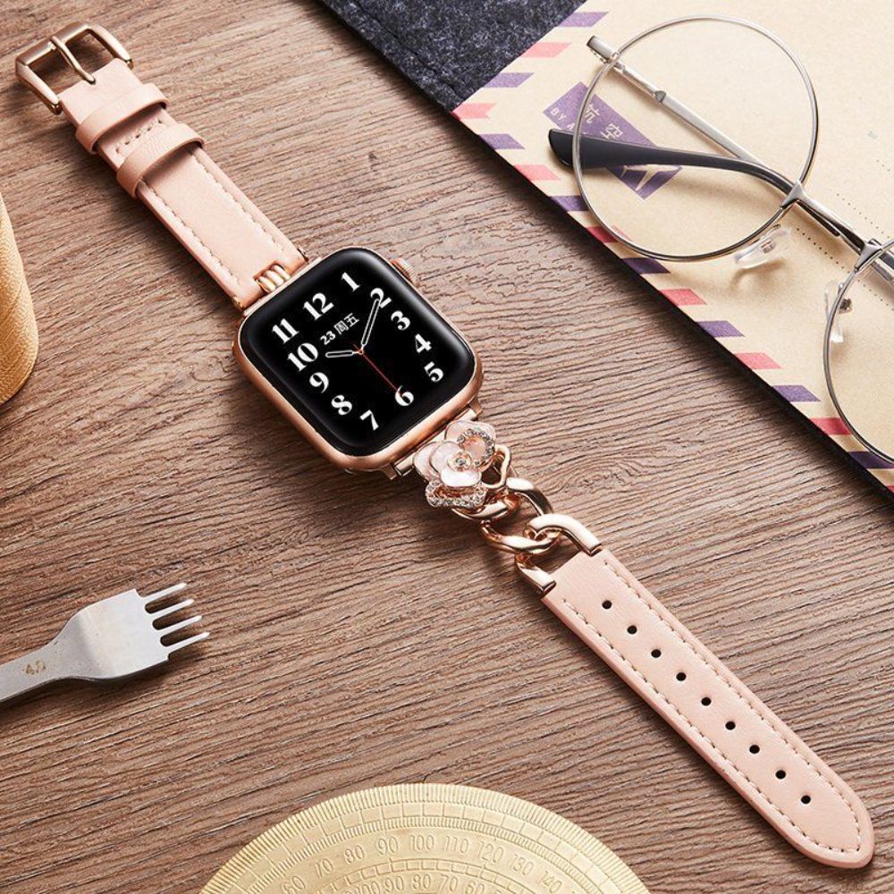 애플워치 10세대 가죽 스트랩 장미 큐빅 메탈 커넥터 밴드 분홍색 Apple iwatch 41mm 7/8/9세대 - 상품 이미지