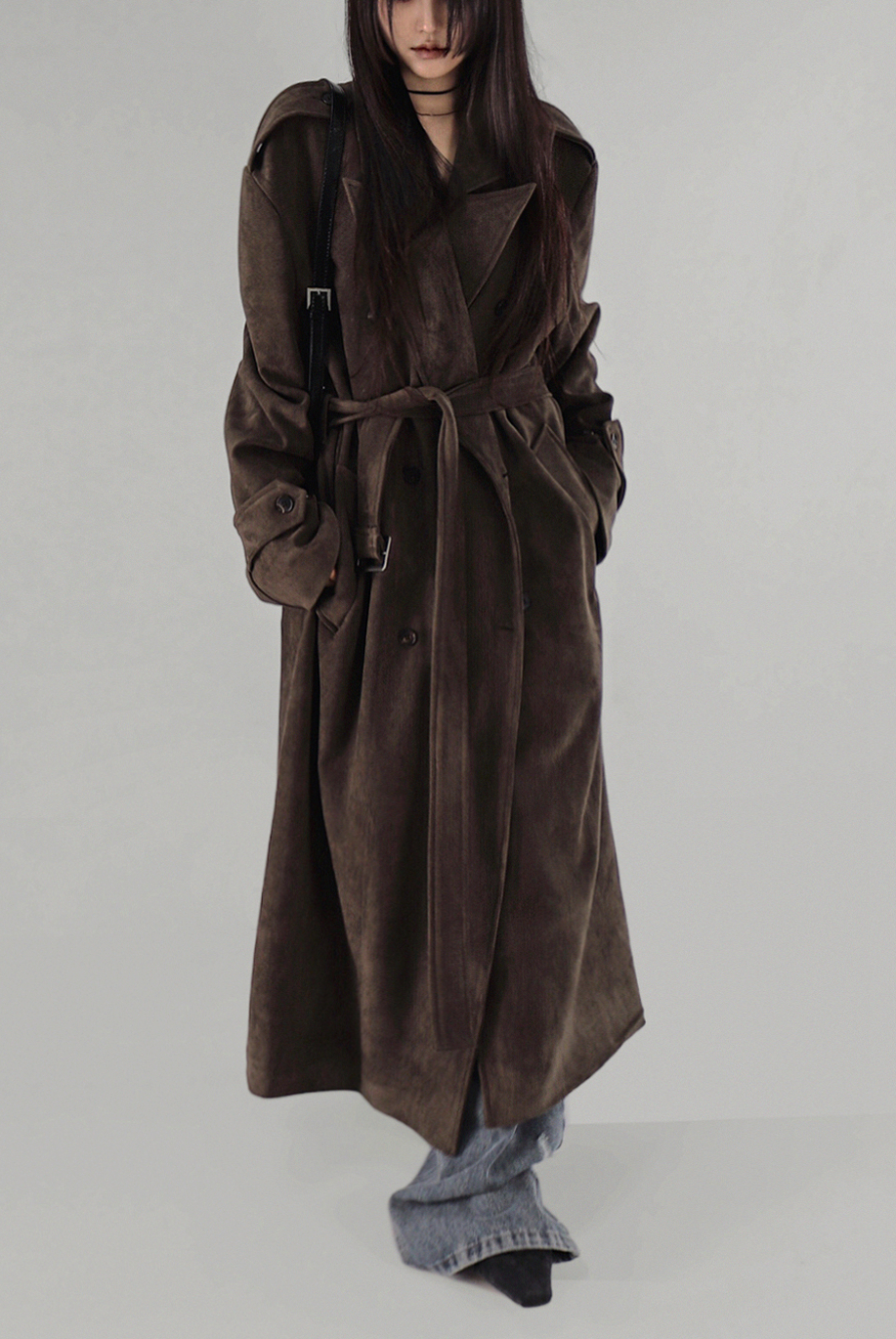 SUEDE DOUBLE TRENCH BELT LONG COAT 스웨이드 더블 트렌치 벨트 롱코트 (2COLORS) 상세 이미지 8