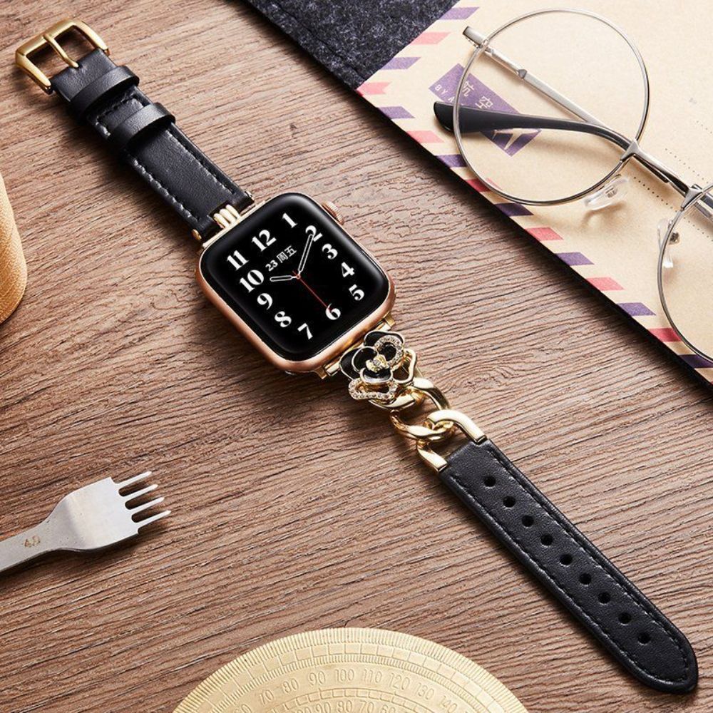 애플워치 10세대 가죽 스트랩 장미 큐빅 메탈 커넥터 밴드 분홍색 Apple iwatch 41mm 7/8/9세대 - 상세 이미지 2