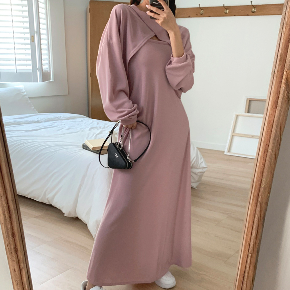 투피스 a라인 원피스 스퀘어넥 기모 맥시 롱원피스 핑크 블랙 이미지 7