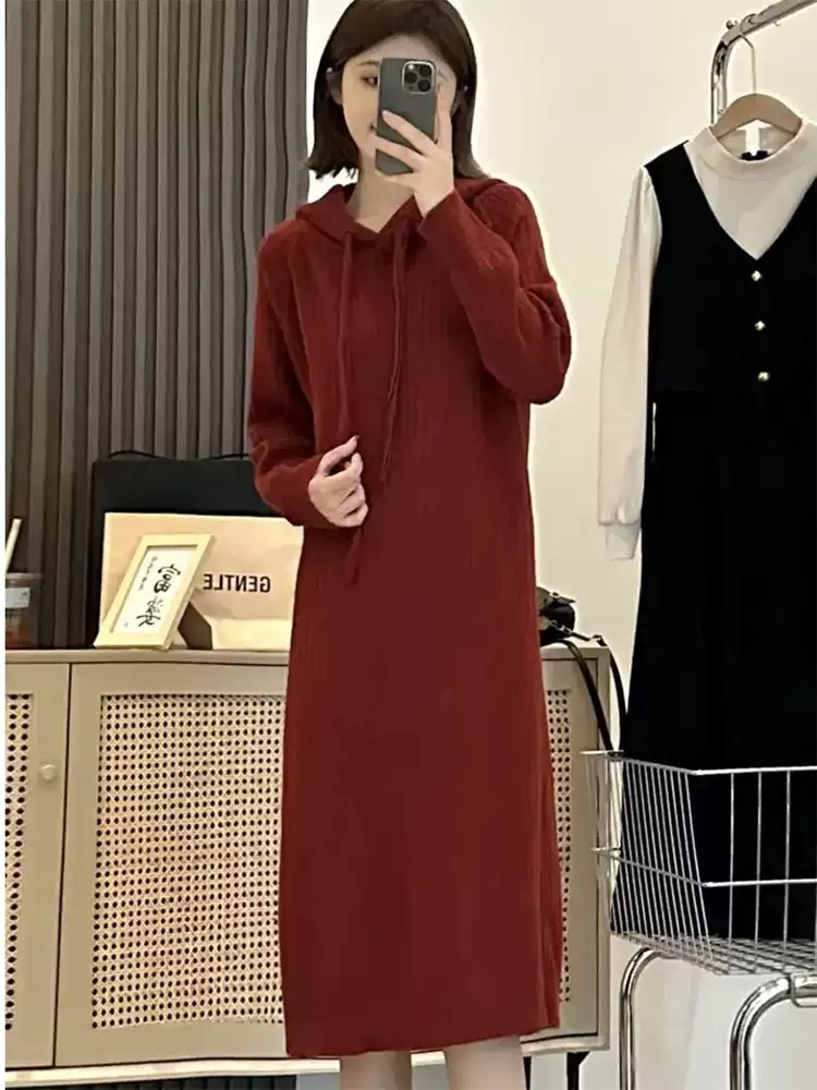 니트 후드 롱원피스 루즈핏 등원룩 캐주얼 편한 가을 겨울 빅사이즈 4XL까지 5컬러 - 상세 이미지 4