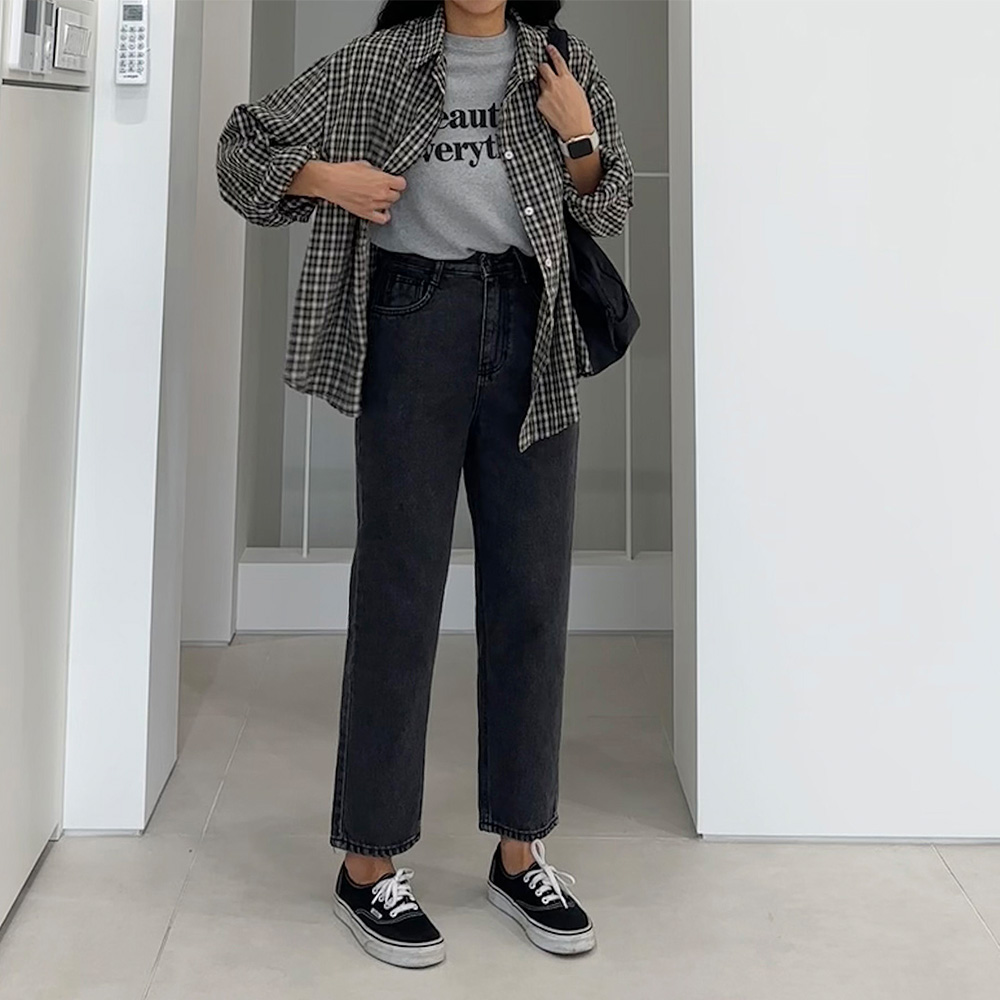 가을 키작녀청바지 세미 배기 블랙진 여성 테이퍼드진 - 상세 이미지 3
