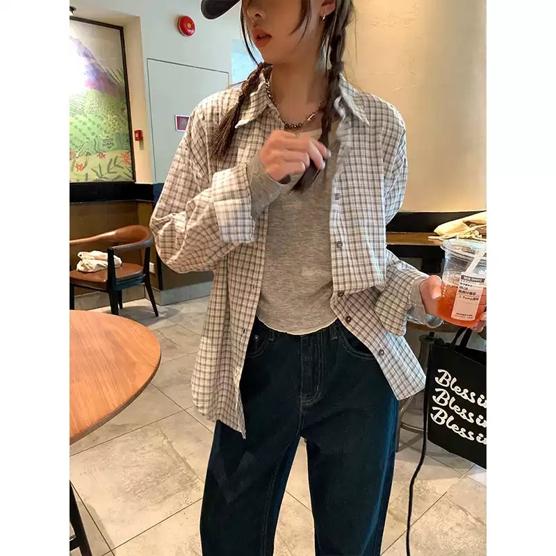 카리나 셔츠 블라우스 에스파 유튜브 체크 루즈핏 의상 옷 패션 - 상세 이미지 2