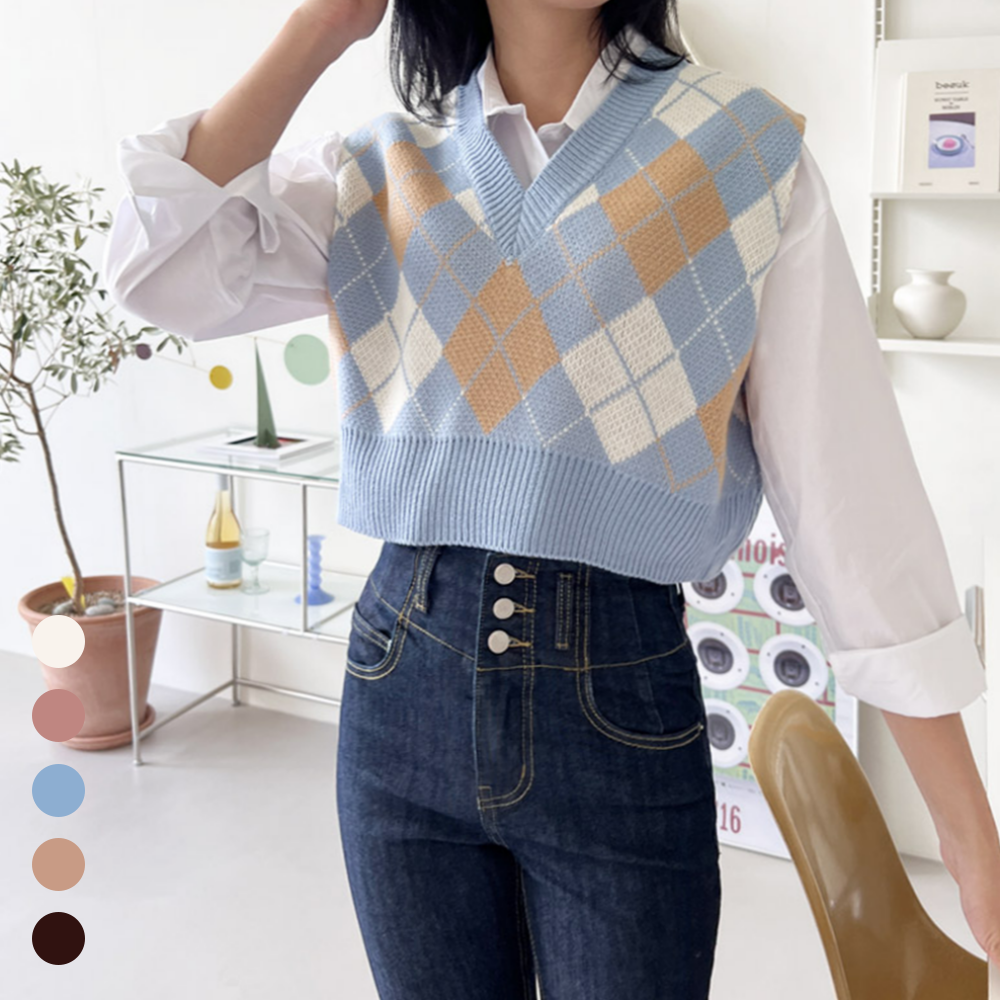 얇은니트조끼 아가일 크롭 레이어드 브이넥 V넥 여성 베스트