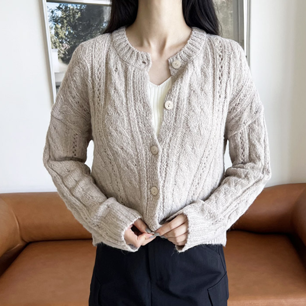 케이블니트가디건 짧은 숏 크롭 꽈배기 라운드넥 카디건 - 상세 이미지 4