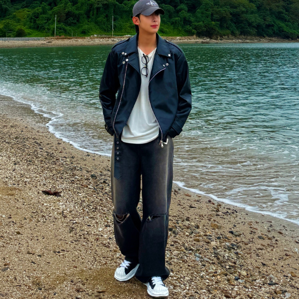 남자 시르 사계절 뒷밴딩 찢어진 무파 워싱 와이드 데님 - 상세 이미지 3