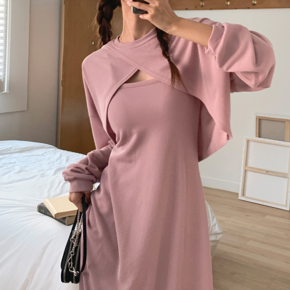 투피스 a라인 원피스 스퀘어넥 기모 맥시 롱원피스 핑크 블랙 이미지 8