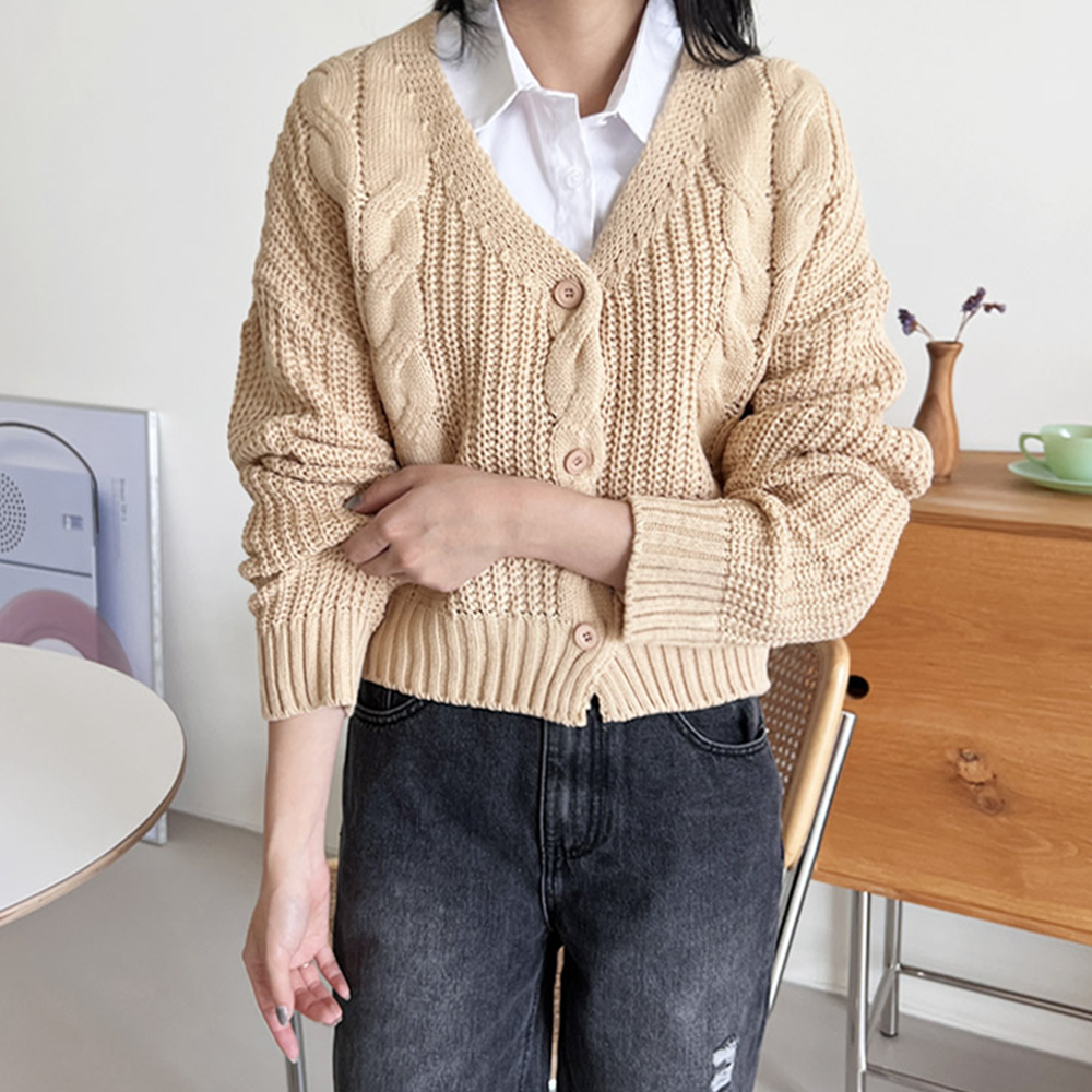 케이블니트가디건 하찌 크롭 꽈배기 V넥 간절기 카디건 - 상세 이미지 2