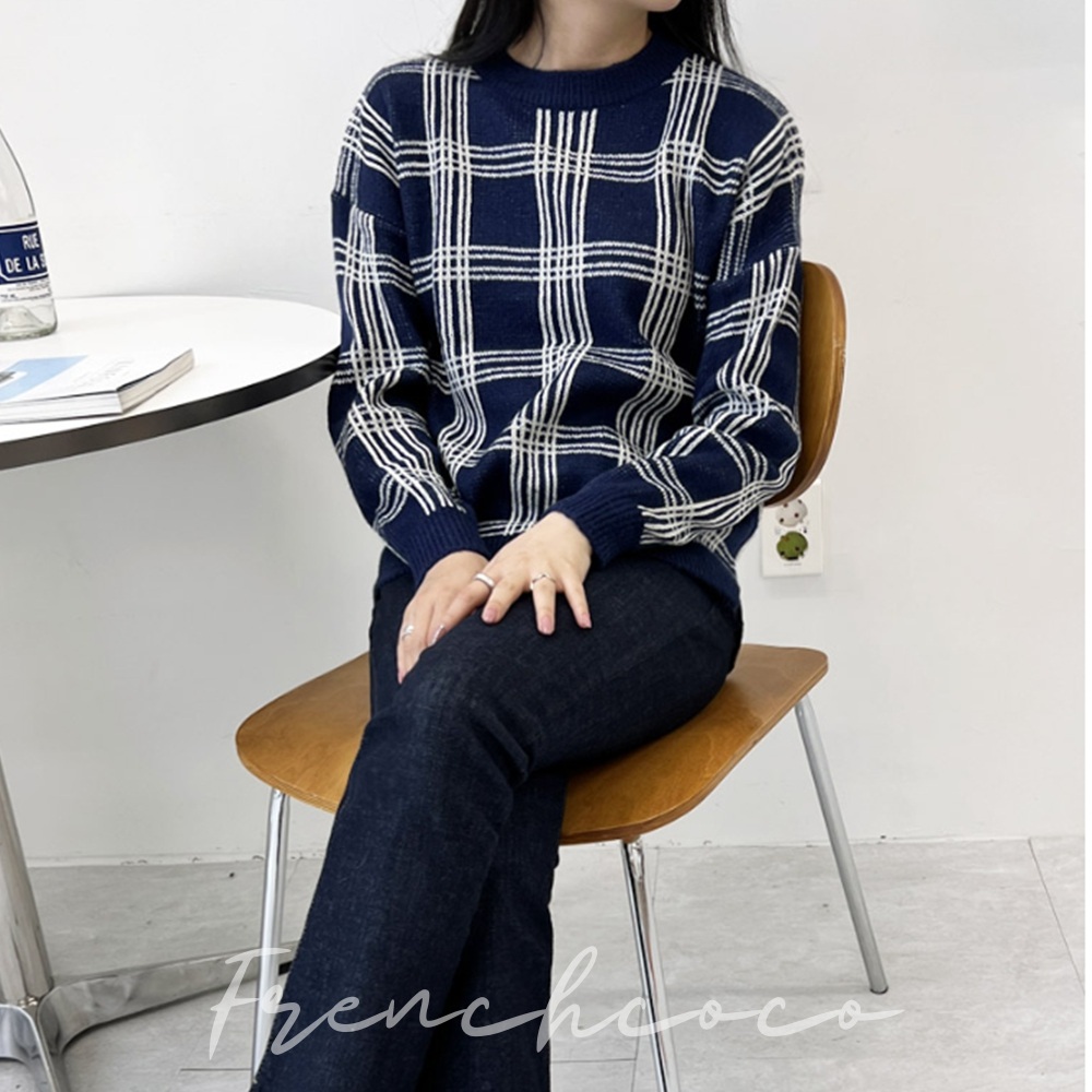 프렌치코코 체크패턴 니트맨투맨 가을 캐주얼니트 (국내생산)