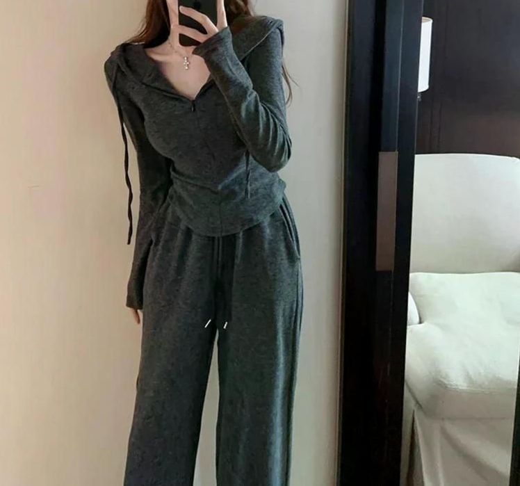 여친룩 우아한 슬리밍 후드 스포츠 패션 여성 운동복 세트 가을 겨울 캐주얼 다목적 카키 상의 S - 상세 이미지 4