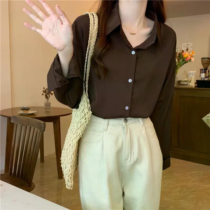 여친룩 새로운 루즈핏 다목적 캐주얼 여성 긴 소매 셔츠 자켓 세련된 탑 겉옷 블랙 - 상세 이미지 4