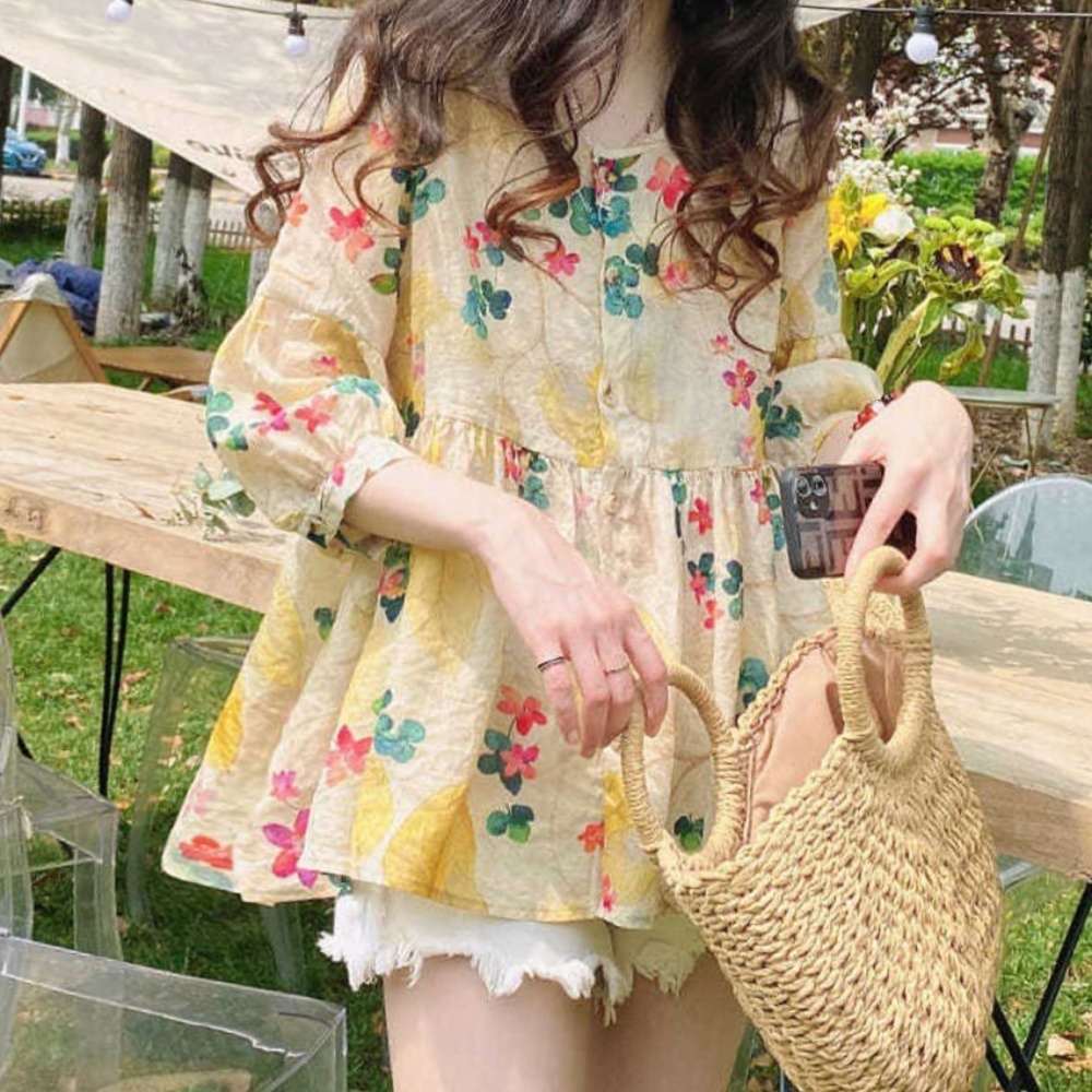 여성 오버핏 블라우스 꽃무늬 7부 린넨 블라우스셔츠 예쁜 - 상품 이미지