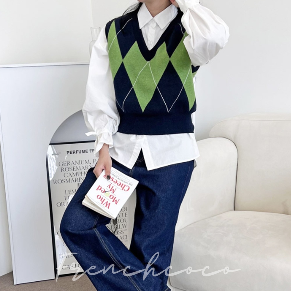 프렌치코코 그린 아가일 니트 베스트 조끼 스쿨룩 (국내생산)